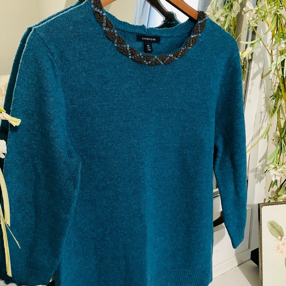 Lands' End Teal Wool Sweater with Beaded Neckline
